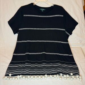 Ralph Lauren Black Tee with White Pom-Pom Trim
